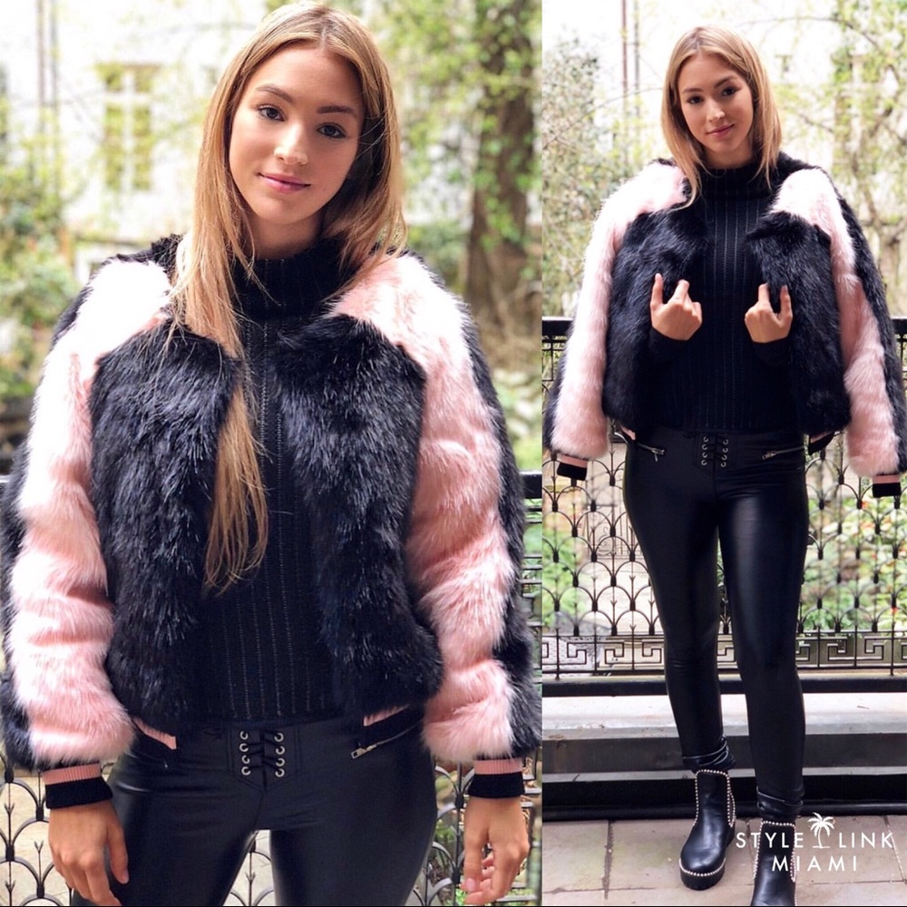 Black And Pink Faux Fur Bomber Jacket